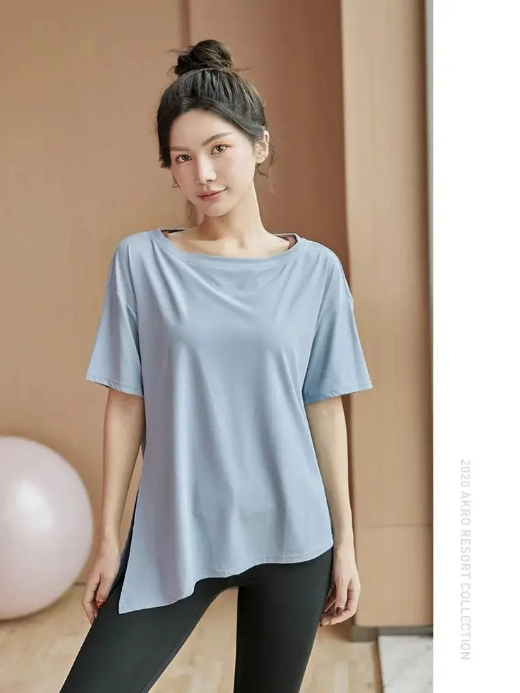 Gym Sports Tops Women's Yoga Clothing Running Loose Slim Quick Dry Training Short Sleeve Thin Tops Fitness Tops Fall Gym Split