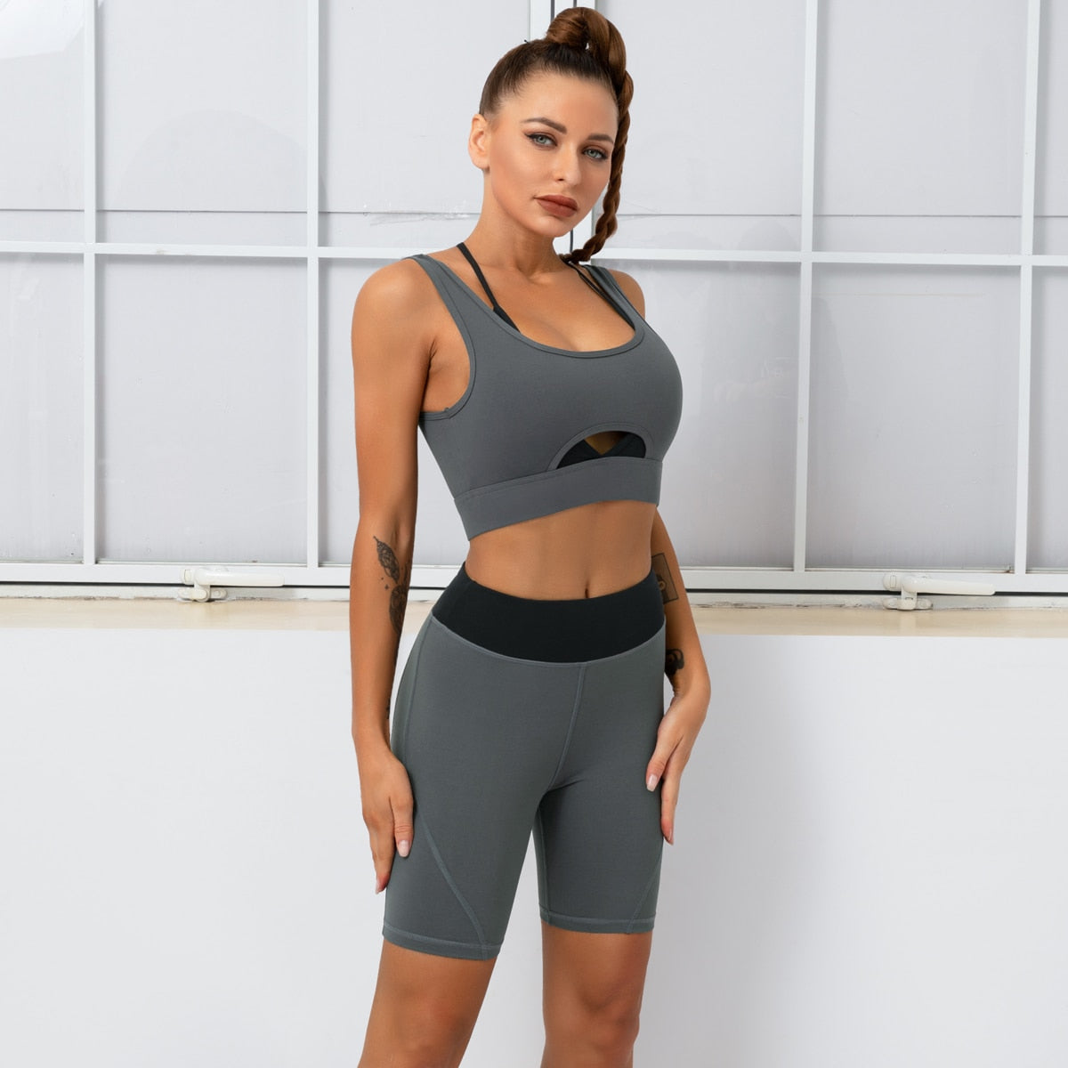 2PCS Patchwork Yoga Sets Energy Fitness Suits Cycling Elastic Women Clothing Nylon Tank Top Breathable Gym Shorts Athletic Wear